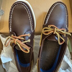 Sperry Dark Brown Leather Boat Shoes with Tan Laces